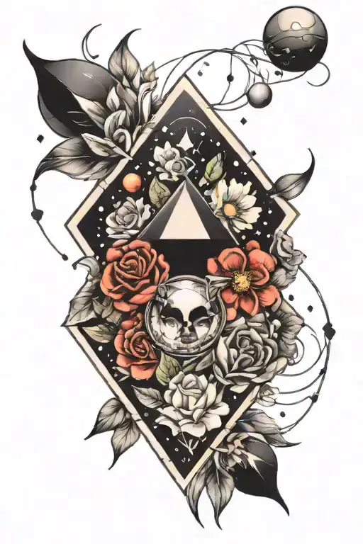 A Black Diamond Shape With Moons And Planets Inside With Flowers Around It