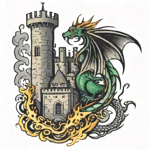 Dragon Fire With Wings Around A Castle Tower
