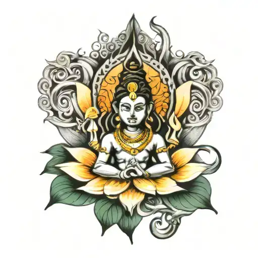 Shiva Trishul Intertwined With A Lotus Flower Blooming
