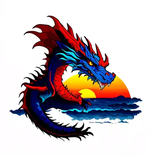 Red And Blue Dragon At Sunset