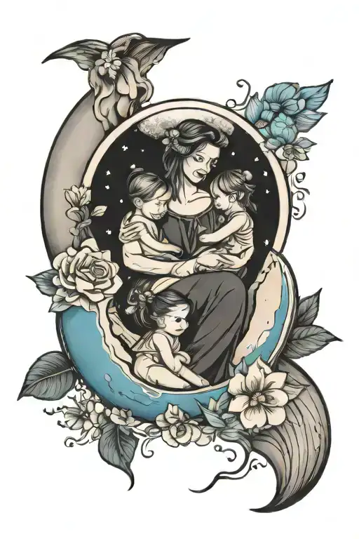 Mom With 2 Daughters And Son On A Moon With March And September Birth Month Flowers