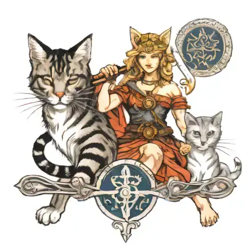 Freya Nordic Goddess With Sword In Hand And It's Two Cats In A Traditional Style