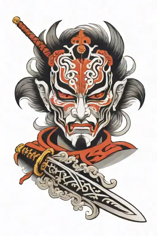 Kabuki Mask With Sword Through It