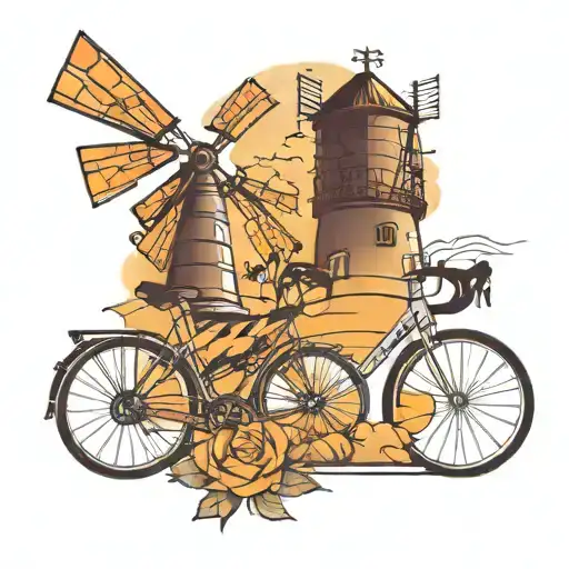 Road Bike And Windmill Tower With Sunset