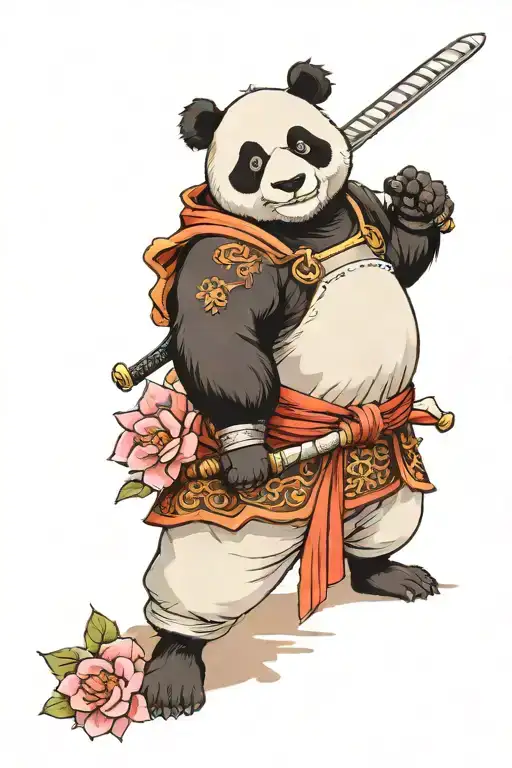 Panda Samurai Full Length Holding A Sword On The Background Of Sakura