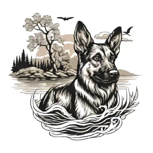 Create A Tattoo Of A Woman And Her German Shepherd Dog On Their Backs Looking At A River