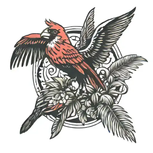 Palm Tree And Flying Cardinal