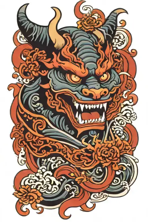 Japanese Wave Style Tattoo Featuring Hannya Mask And Foo Dog