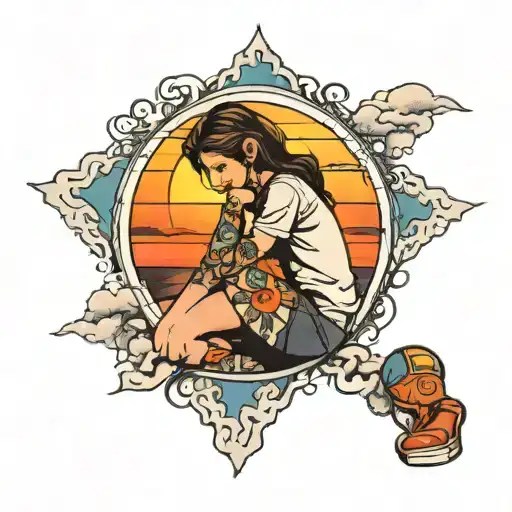 Girl Hugging Her Knees Watching A Vibrant Sunset