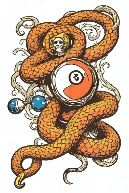 A Billiard Ball Being Struck By A Snake Cue Stick Intertwined