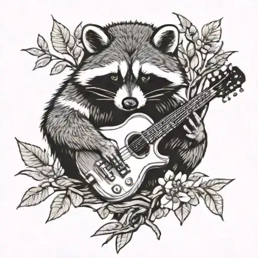 Sleeping Raccoon On Branch Next To A Guitar
