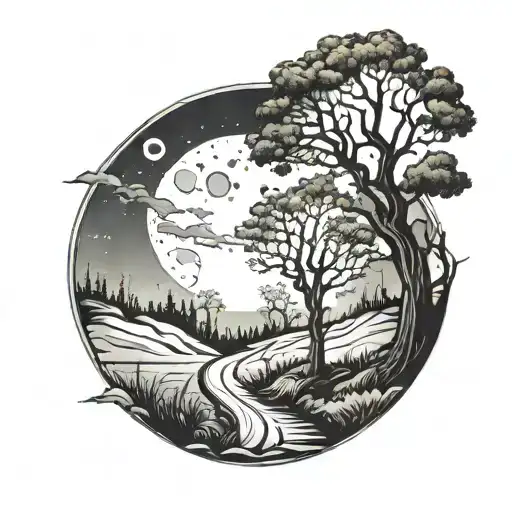 Trees Road Leading To Moon Shining