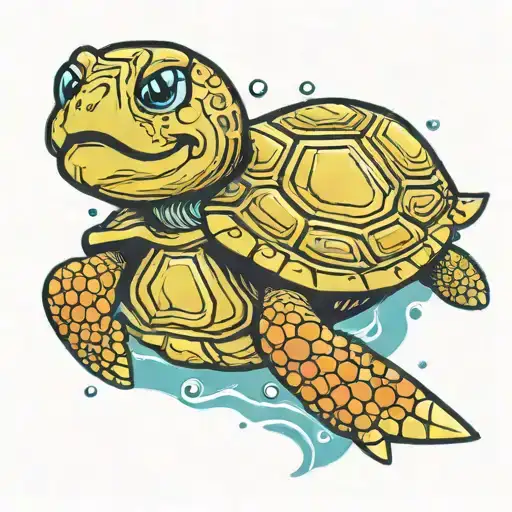 Happy Turtle On Blue Paint Brush Stroke