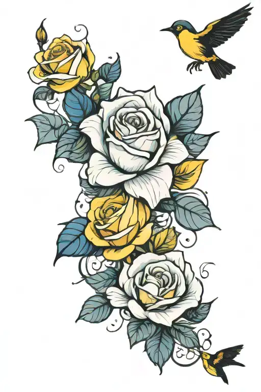 Blue And Yellow Rose With Black And White Birds Flying