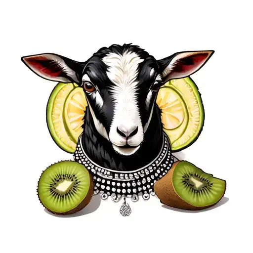 Lamb Wearing A Studded Necklace Cut In Half With A Kiwi Fruit Cross Section
