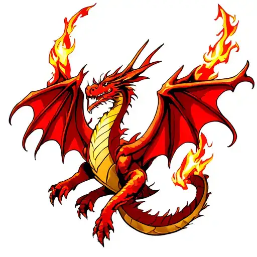 Medieval Fire Breathing Dragon Wings Spread Red Gold