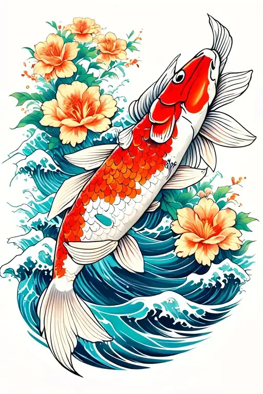 Arm Sleeve Of Koi Fishing Swimming With Waves And Flowers