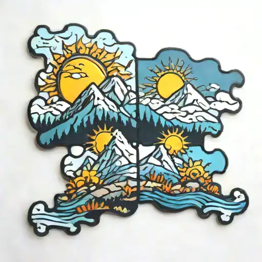 Two Puzzle Pieces With A Mountain And Sun In Them