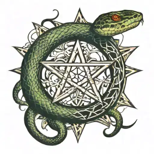 A Snake Entangles In A Pentagram With Candles On The Sides