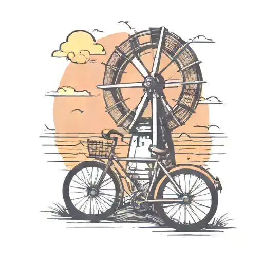 Windmill With Sunset And Bicycle