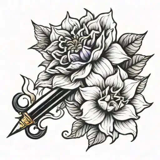Black Dahlia Flower With Dagger Going Thru