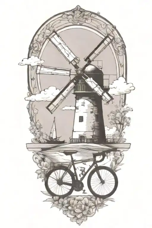 Windmill And Road Bicycle Leaning
