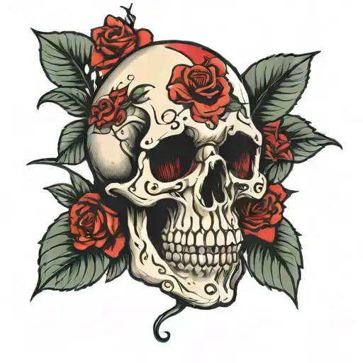 Skull With A Red Stripe Across Its Eyes With Red Roses