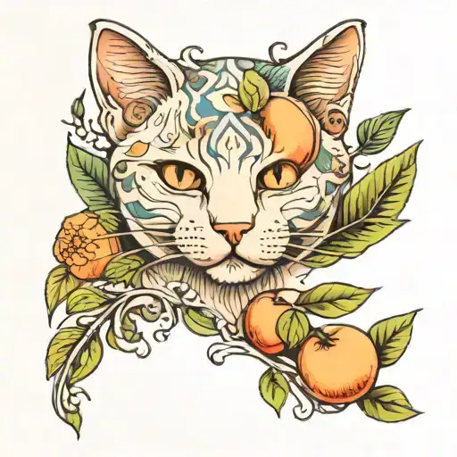 Cat With Peach And Olive Leaves