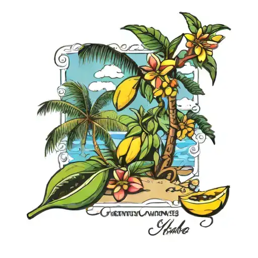 A Jamaican Beach Scene With A Quote And An Ackee Fruit