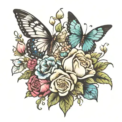 Bouquet Of Flowers With Butterfly And Dove