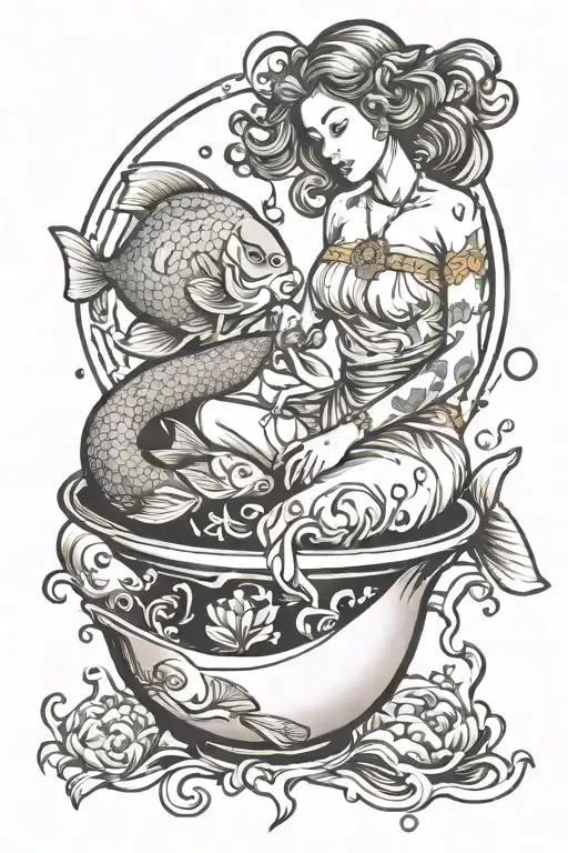 Aquarius Zodiac Lady Pouring Water Over Yin And Yang Fish