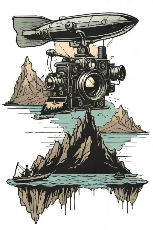 A Mountain Range With A Movie Projector Shining Images Of Kayaks On The Peaks