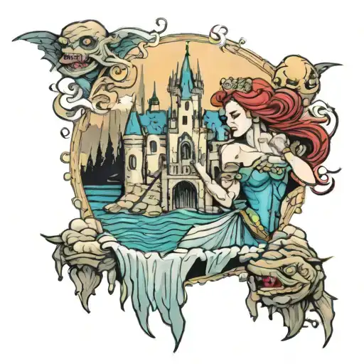 Princess In A Castle Saved By A Warrior With A Monster In The Lake Waters In Thr Background