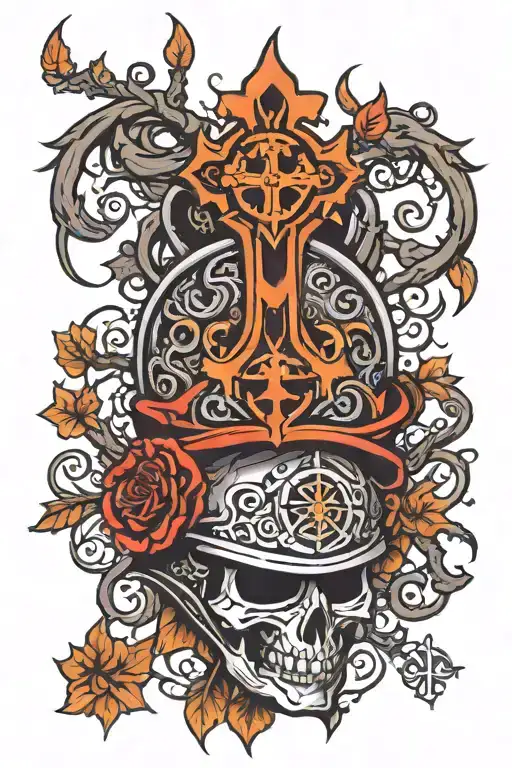 Upside Down Fire Helmet With Tree Of Life Celtic Cross Coming Out Of Helmet