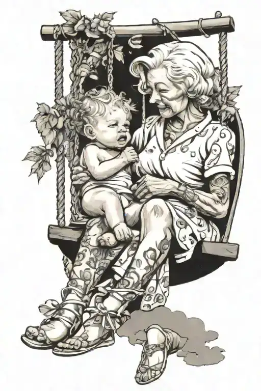 A Baby And Grandma On A Swing By The Pool