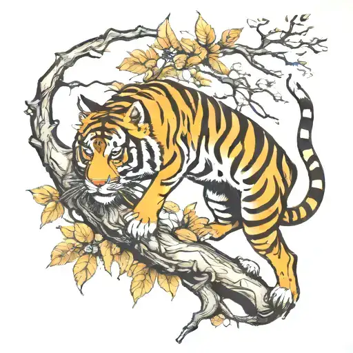 Tiger Climbing Down Branch Whole Body
