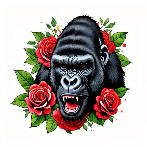 Gorilla Roaring With Roses Blooming