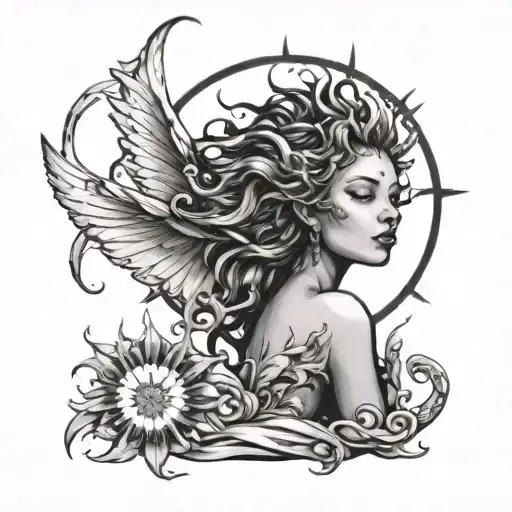 Black And White Drawing Of A Sun With A Fairy Resting Inside Of It