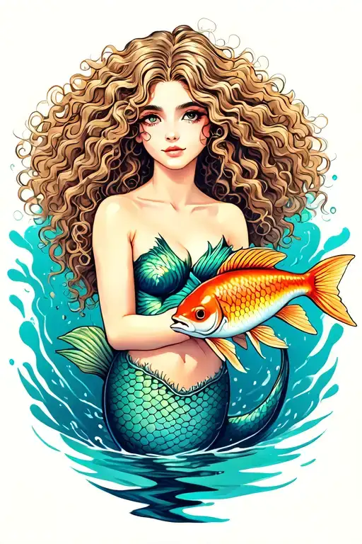 Mermaid With Curly Hair Tattoo Holding A Coy Fish Swimming