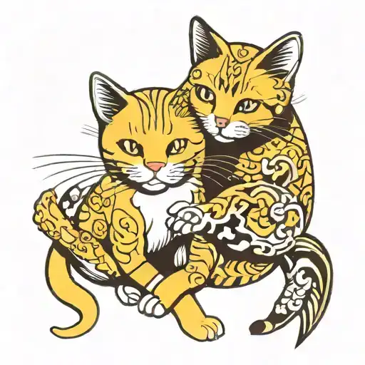 1 Yellow Cat And 1 Black White Cat Hugging Each Other