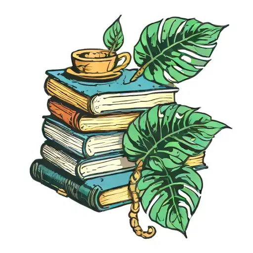 Stack Of Books Monstera And Iced Coffee