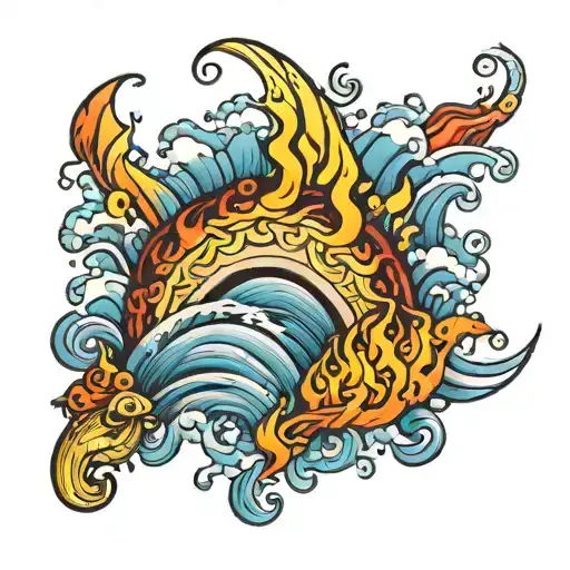 Rainbow With Fire And Sea Waves