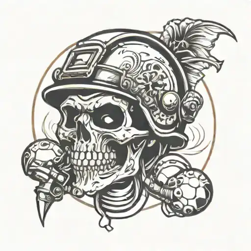 Black Tattoo Of An Evil Skull Wearing A Football Helmet With A Welding Wand In Its Mouth