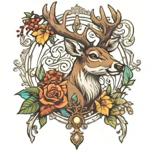 Neo Traditional Deer With Antlers And Leafs And Jewels