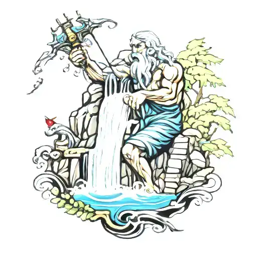 Waterfall And Zues Poseidon Ares