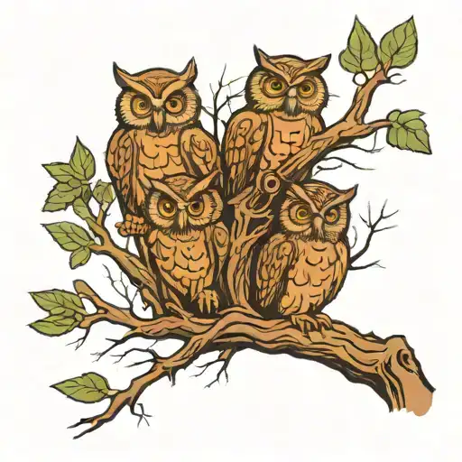 4 Owls In Cypress Tree In Swamp Monster Emerging