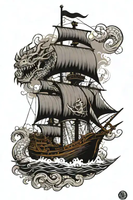 Pirate Ship Sailing Dragon Flying Above