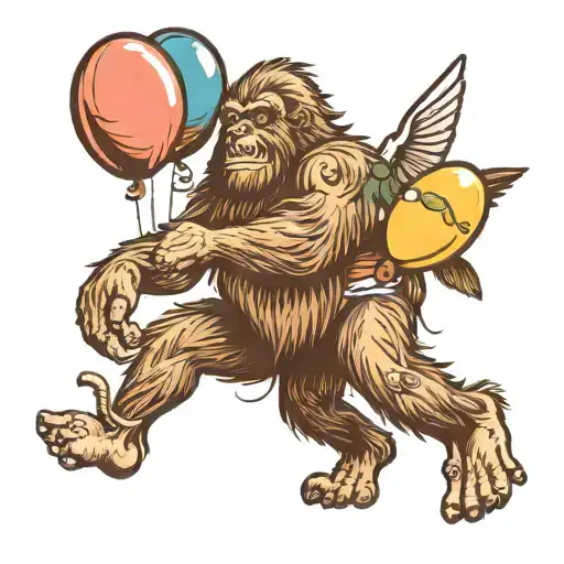 Bigfoot Holding 6 Balloons With A Hummingbird Perched