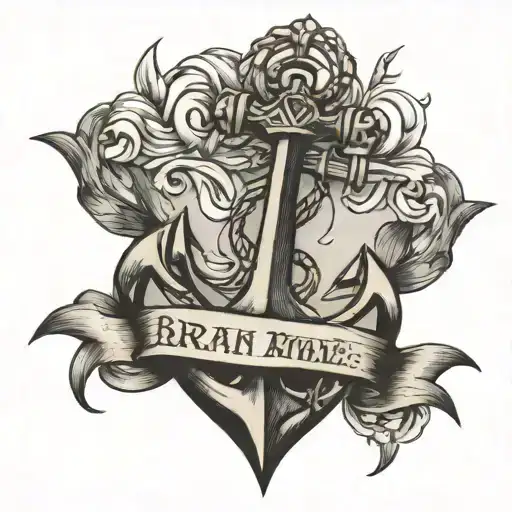 Black-ink Line Anchor Tattoo With The Name Brian And A Date Inscribed On It