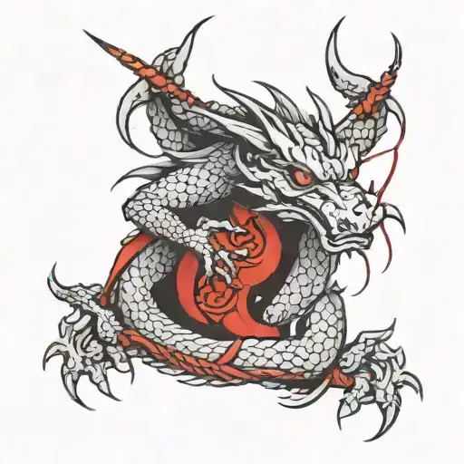 Dragon With Katanas Attached With A Red Thread